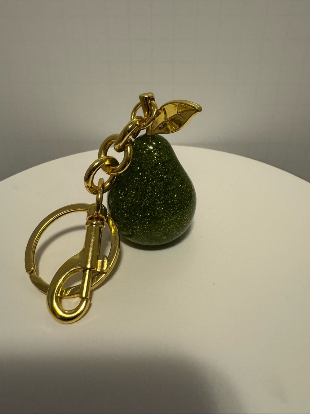 Green Glitter Pear Keychain with Gold Hardware